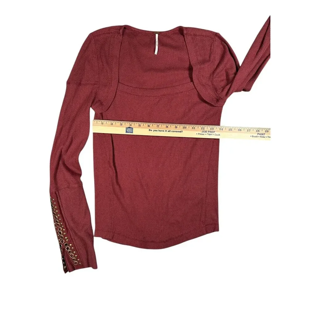 Free People A Litte Unruly Thermal Top L Studded Square Neck Red Boho Grunge